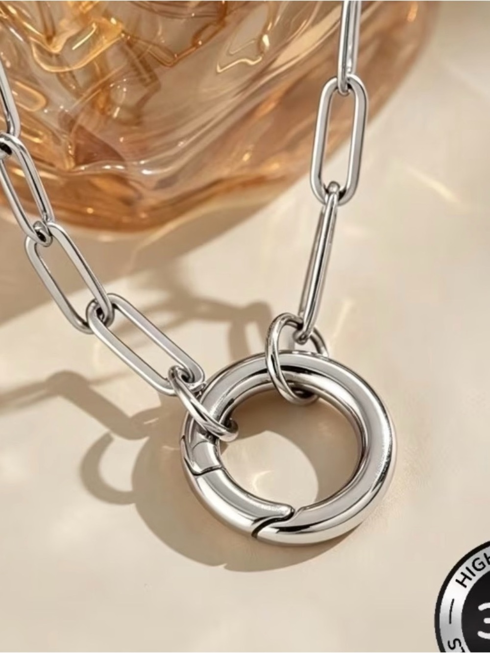 Sterling Silver Chunky Link Necklace with Circular Clasp